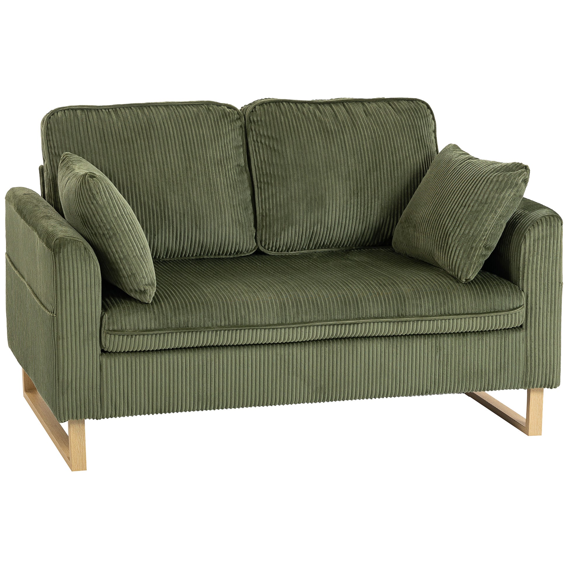 Photo of HOMCOM 2 Seater Sofa, 140 cm Loveseat Sofa with Spring Cushions, Metal Legs, 2 Pillows, Dark Green in Green colour on a white background