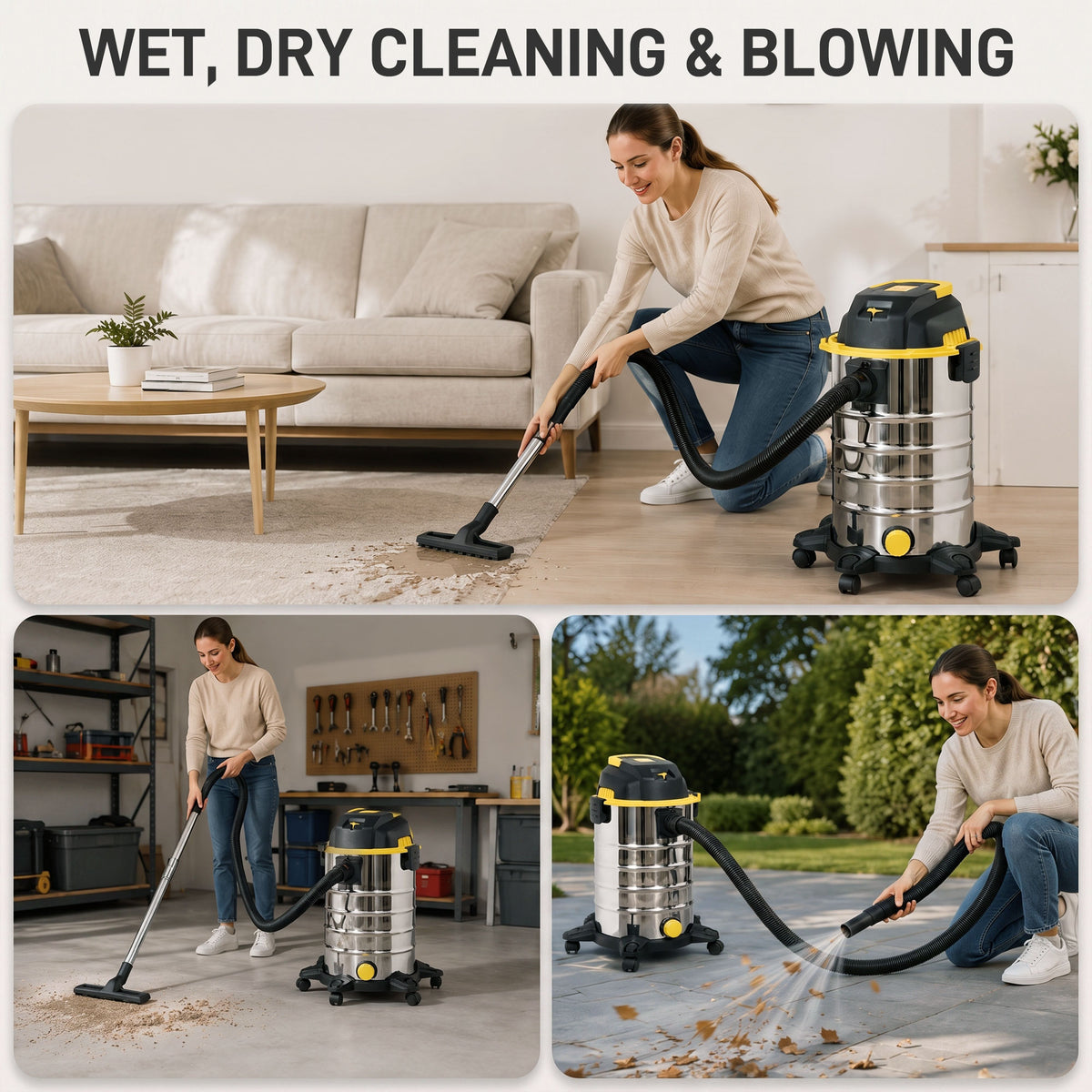 HOMCOM 1400W Vacuum Cleaner, 3-in-1 Wet and Dry Vacuum Cleaner with Blowing Mode and 30L Stainless Steel Tank, Yellow
