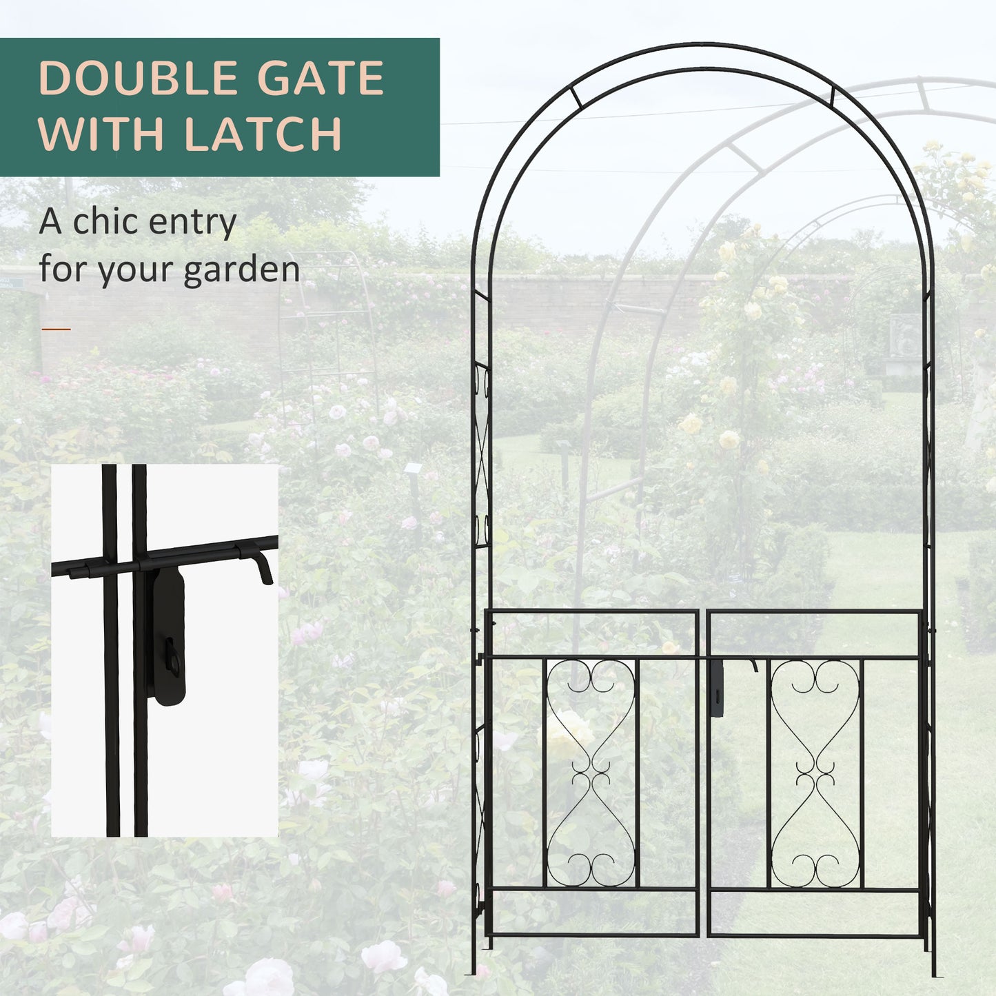 Outsunny Garden Arch with Double Gates, Metal Garden Arbor for Climbing Roses & Vines, Decorative Outdoor Archway for Backyard Pathways, Black