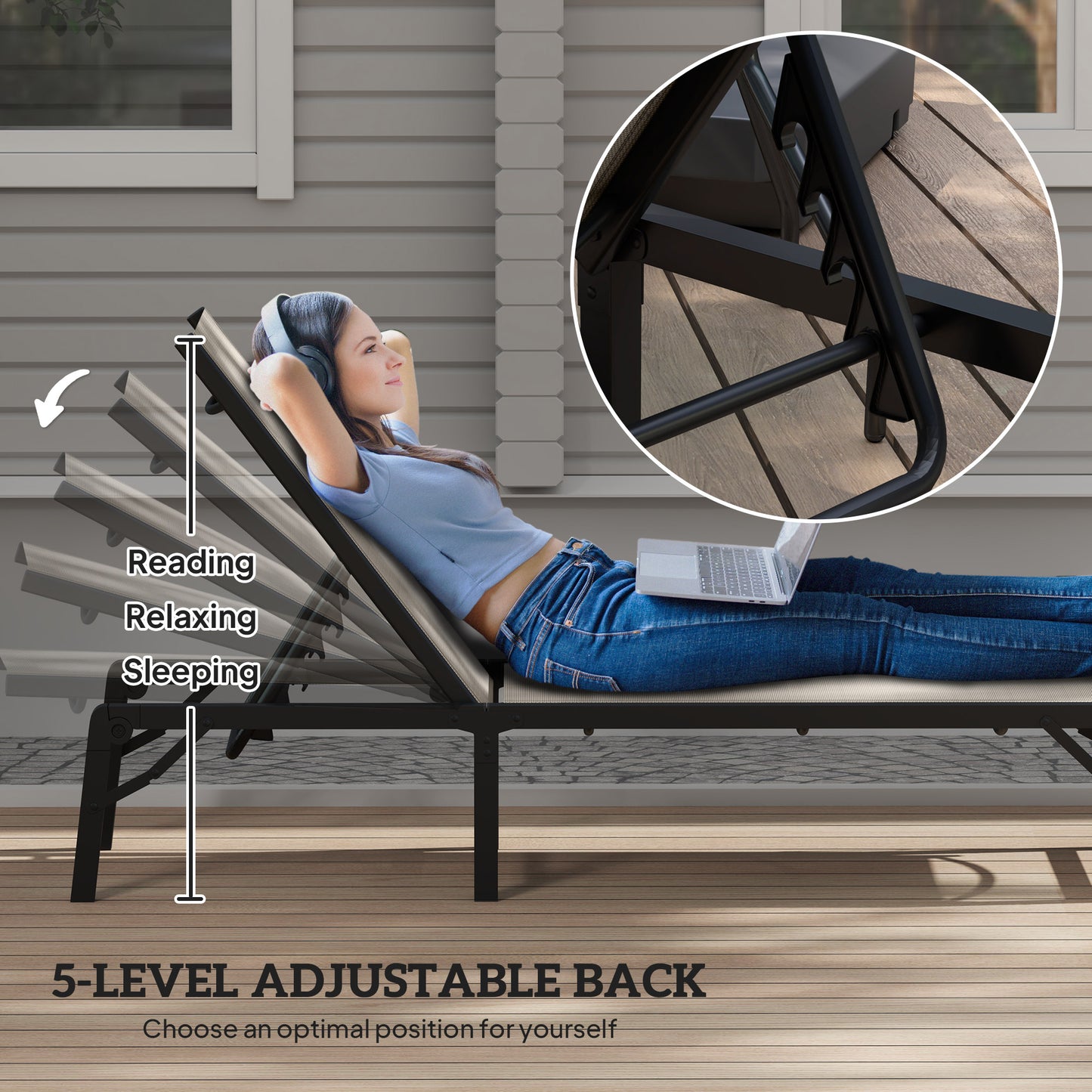 Outsunny Folding Sun Lounger Set of 2, 5-Position Adjustable Reclining Garden Loungers, Garden Chaise Lounge Sunbed Recliner Chairs with Steel Frame for Beach, Porch, Patio, Camping, Khaki