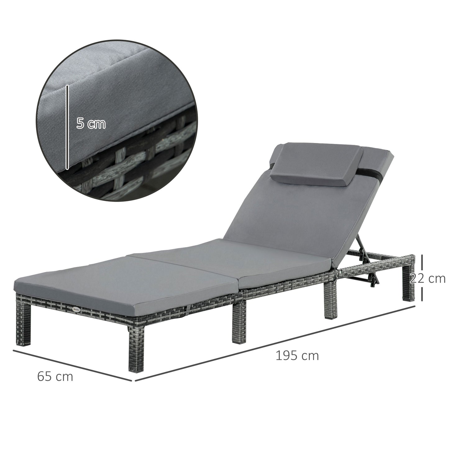 Outsunny 2 Pieces Outdoor PE Rattan Sun Loungers set of 2 with Cushion, Garden Wicker Sunbed Furniture with 5 - Level Recliner Backrest, Grey