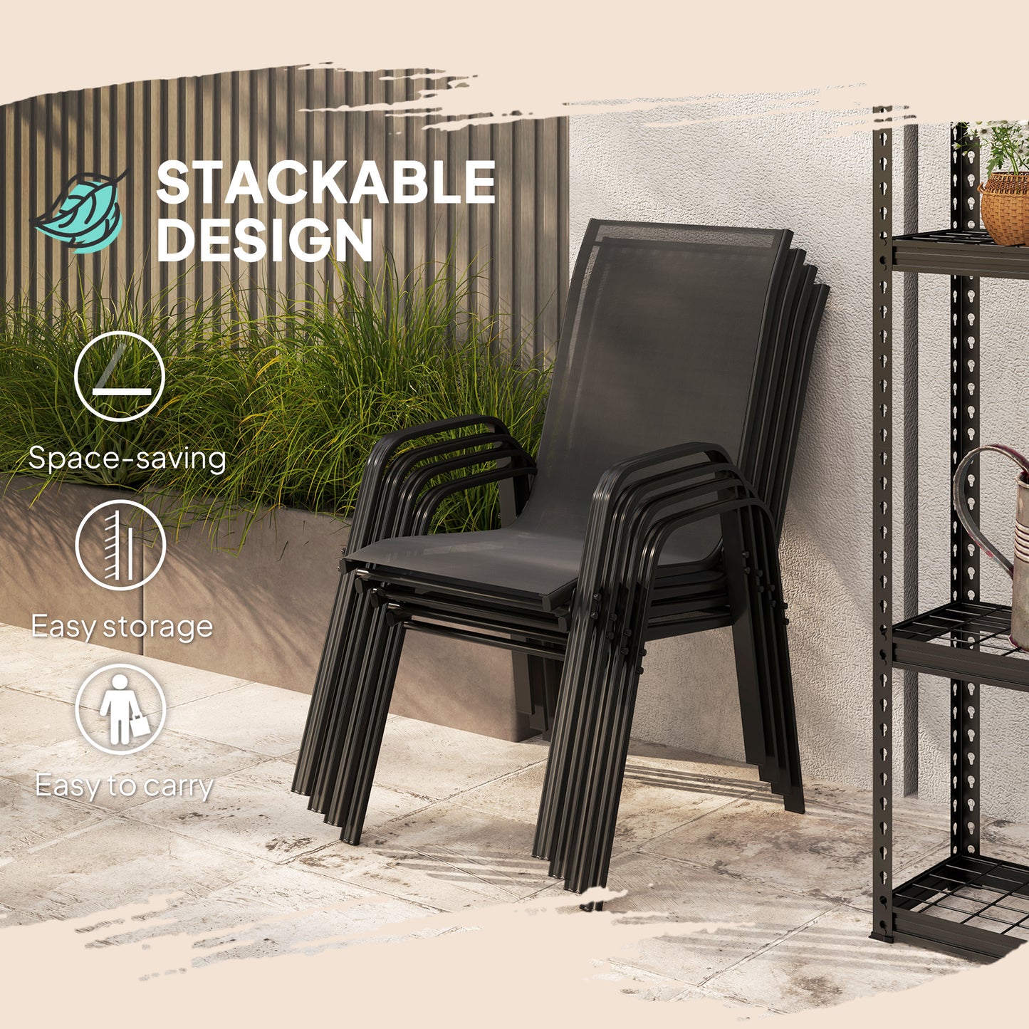 Outsunny Set of Four Stackable Mesh Seat Chairs - Black