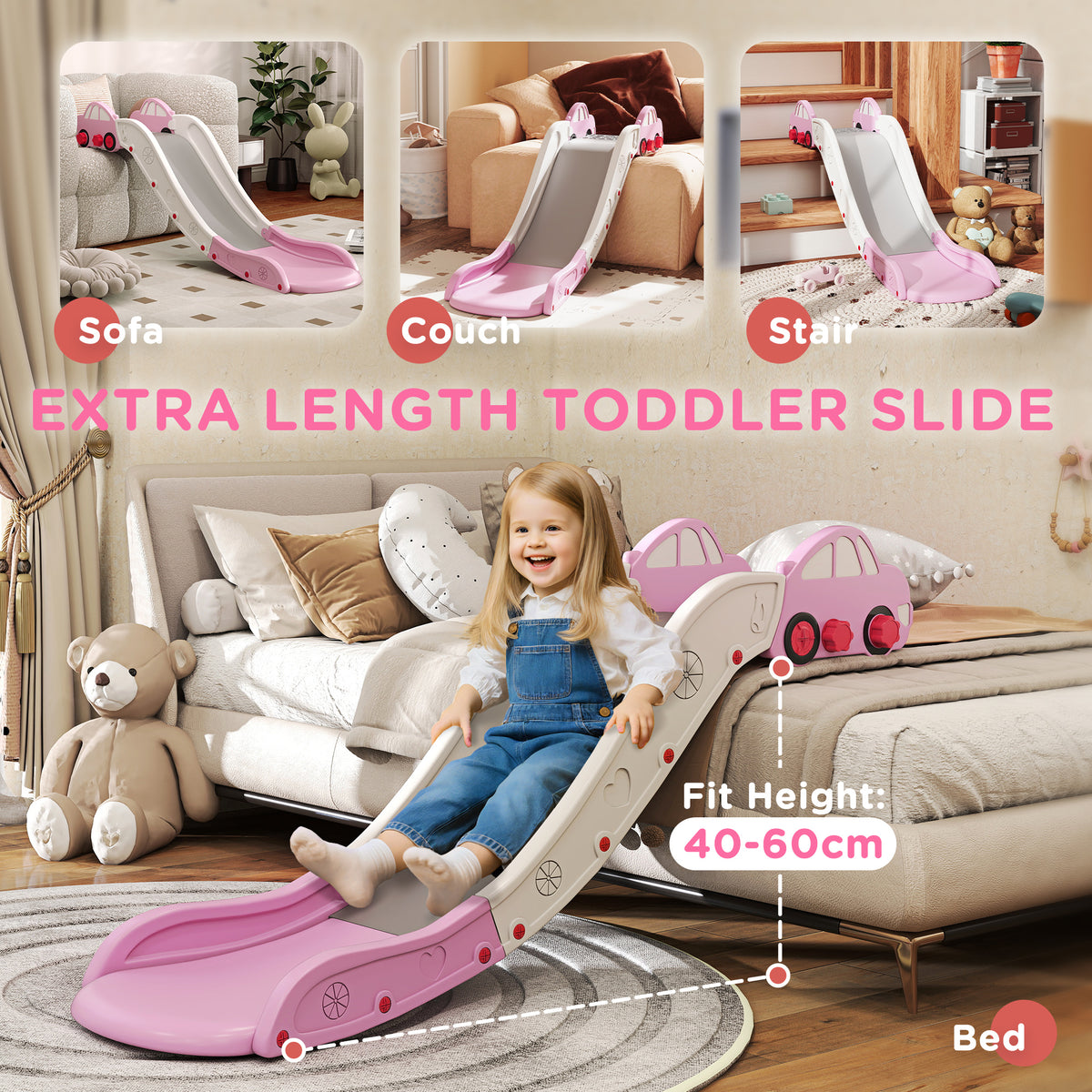 AIYAPLAY Kids Slide for Bed, Sofa, with Extended Length, Easy to assemble and Store, Pink