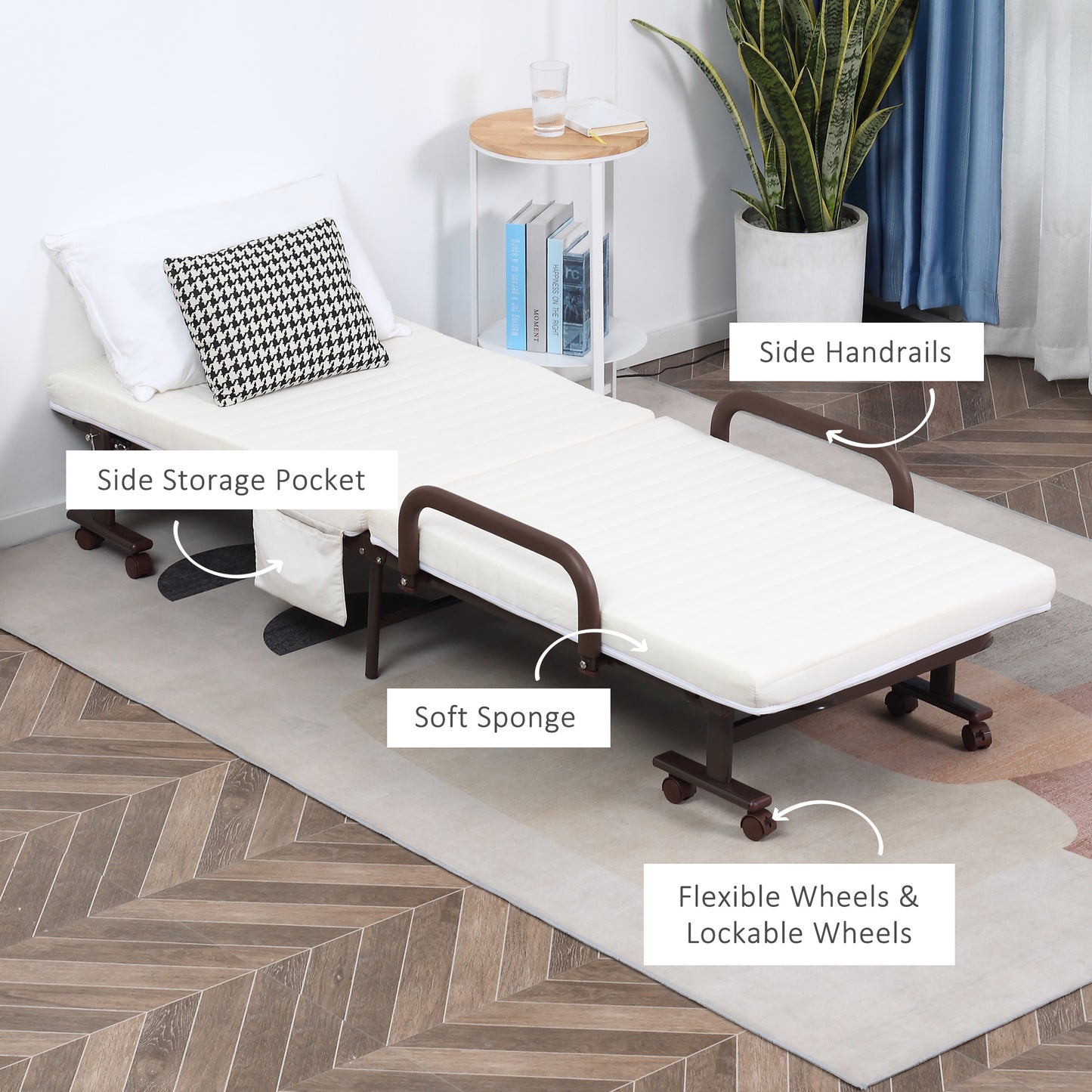 HOMCOM Folding Bed with Mattress, Single Guest Bed, Portable Fold Bed with Adjustable Backrest, White