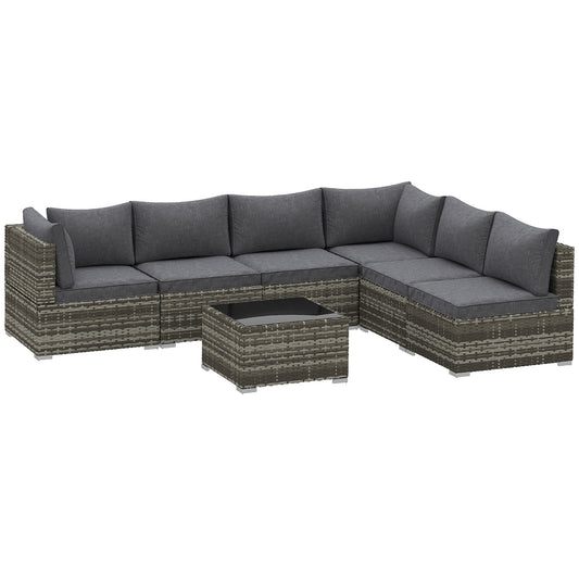 Photo of Outsunny 7 Pieces Outdoor PE Rattan Corner Sofa Set, Patio Wicker Conversation Chaise Lounge Furniture w/ Tempered Glass Table-top & Soft Padded Cushion for Garden, Backyard, Lawn, Dark Grey in Grey colour on a white background