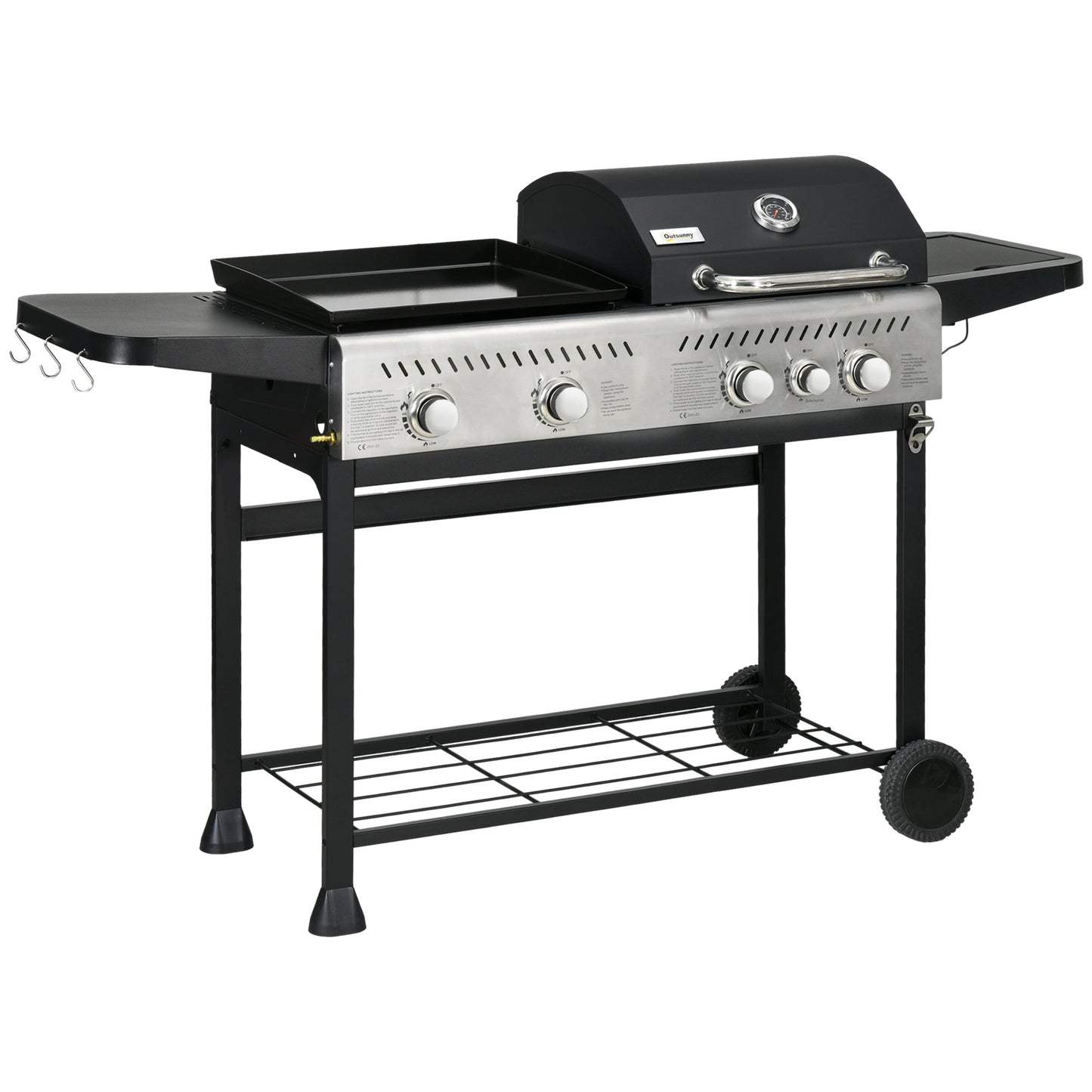 Photo of Outsunny 12kW Deluxe Duo Gas BBQ, with Grill, Plancha and Side Burner - Black in Black colour on a white background