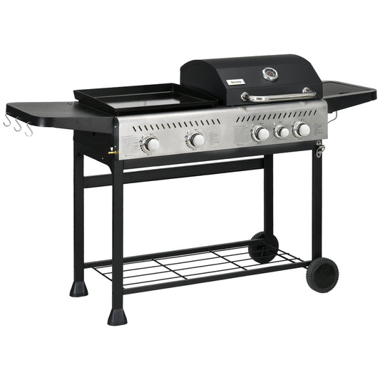 Photo of Outsunny 12kW Deluxe Duo Gas BBQ, with Grill, Plancha and Side Burner - Black in Black colour on a white background