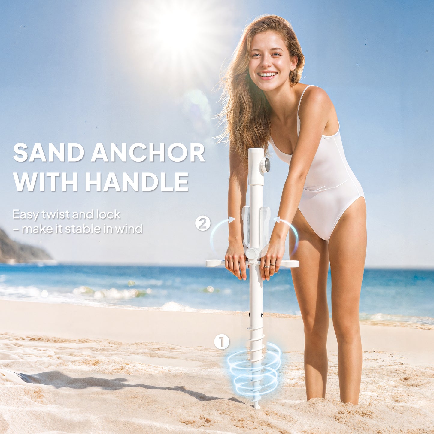 Outsunny Beach Umbrella Portable with Sand Anchor, Carry Bag, Adjustable Height & Tilt, UPF50+ UV Protection, Grey
