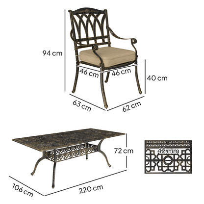 Dining set dimensions: 220 cm table and 94 cm chairs with beige cushions