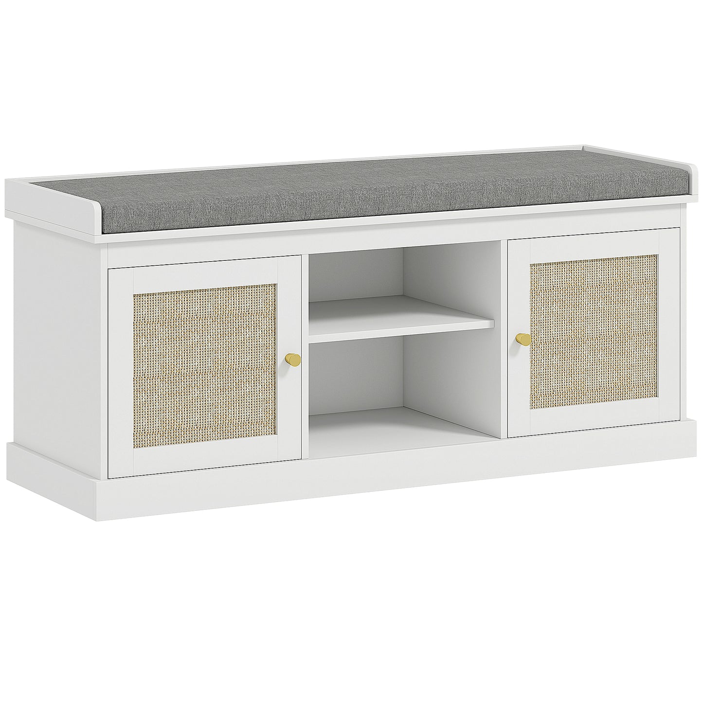 Photo of HOMCOM Boho Shoe Storage Bench with Padded Cushion and Rattan Doors - White in White colour on a white background