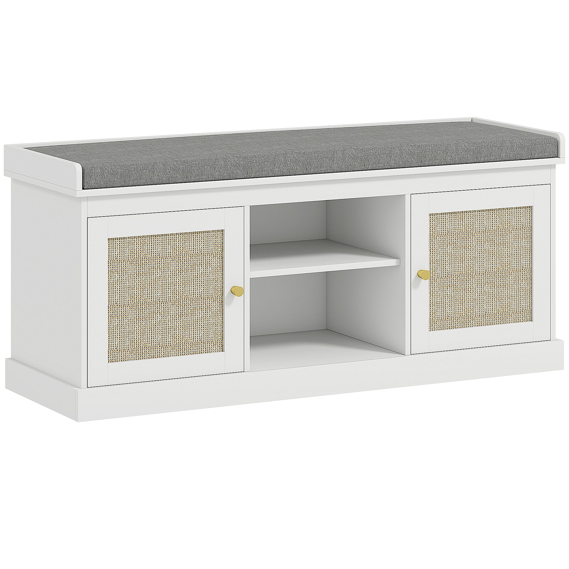 Photo of HOMCOM Boho Shoe Storage Bench with Padded Cushion and Rattan Doors - White in White colour on a white background