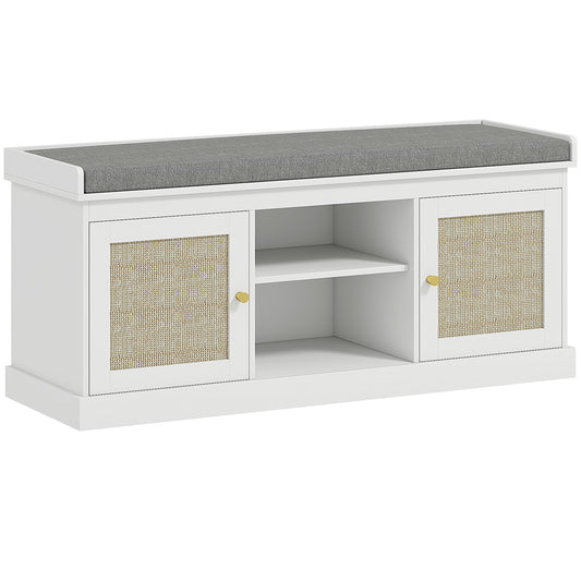 Photo of HOMCOM Boho Shoe Storage Bench with Padded Cushion and Rattan Doors - White in White colour on a white background