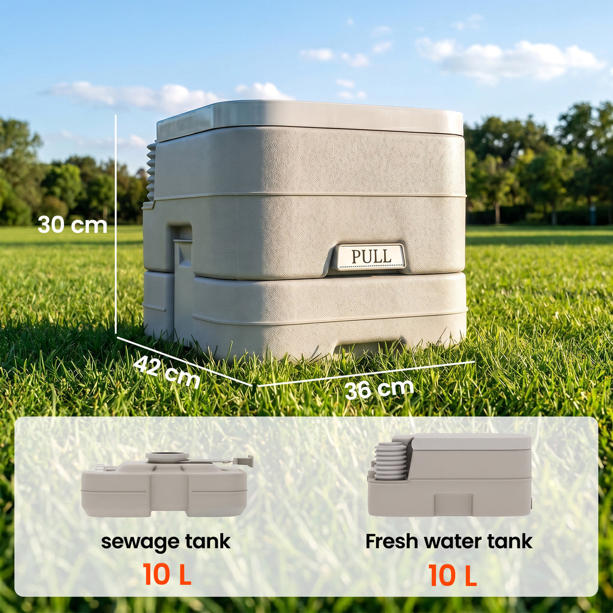 Grey portable toilet with dimensions and 10 L fresh water and waste tanks shown