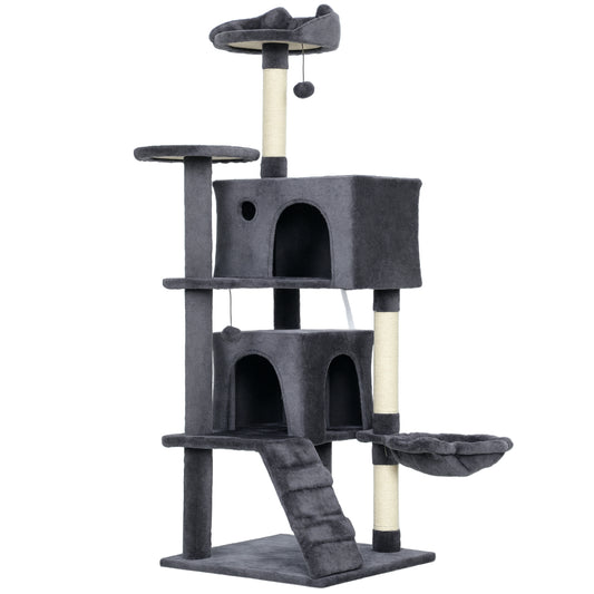 Photo of PawHut 140cm Large Cat Tree Tower with Sisal Scratching Posts, Cat Houses, Plush Perches, Hammock, Ladder, Dark Grey in Grey colour on a white background
