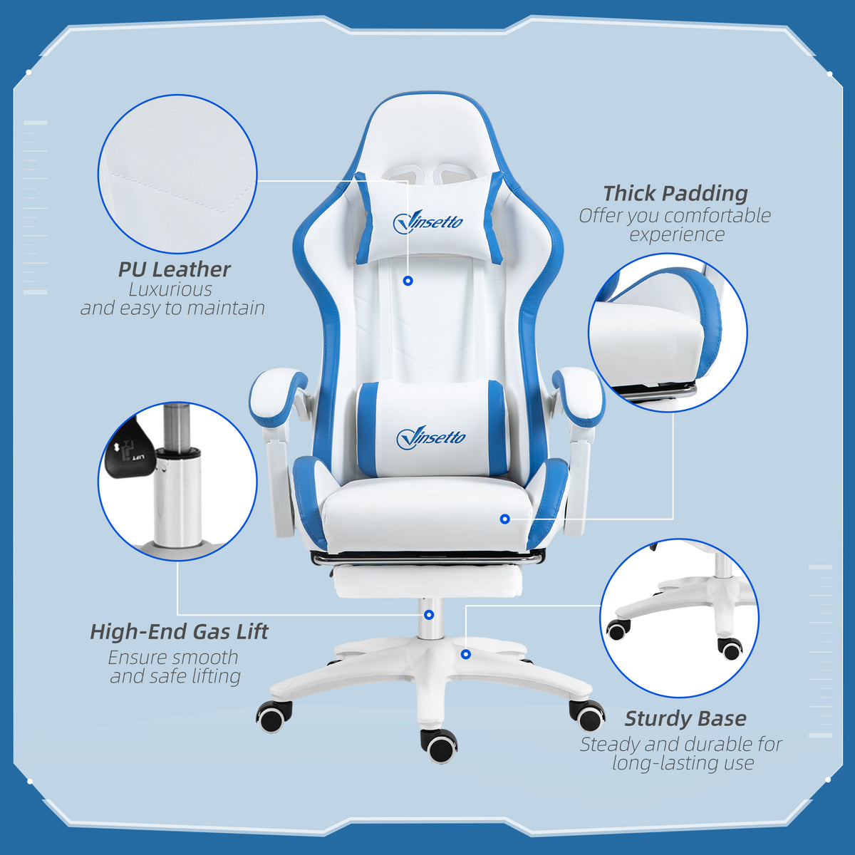 Vinsetto Gaming Chair, Computer Gamer Chair with Reclining High Back, Headrest, Lumbar Support, Footrest, Swivel Wheels, PU Leather, Adjustable Height for Home, White and Blue