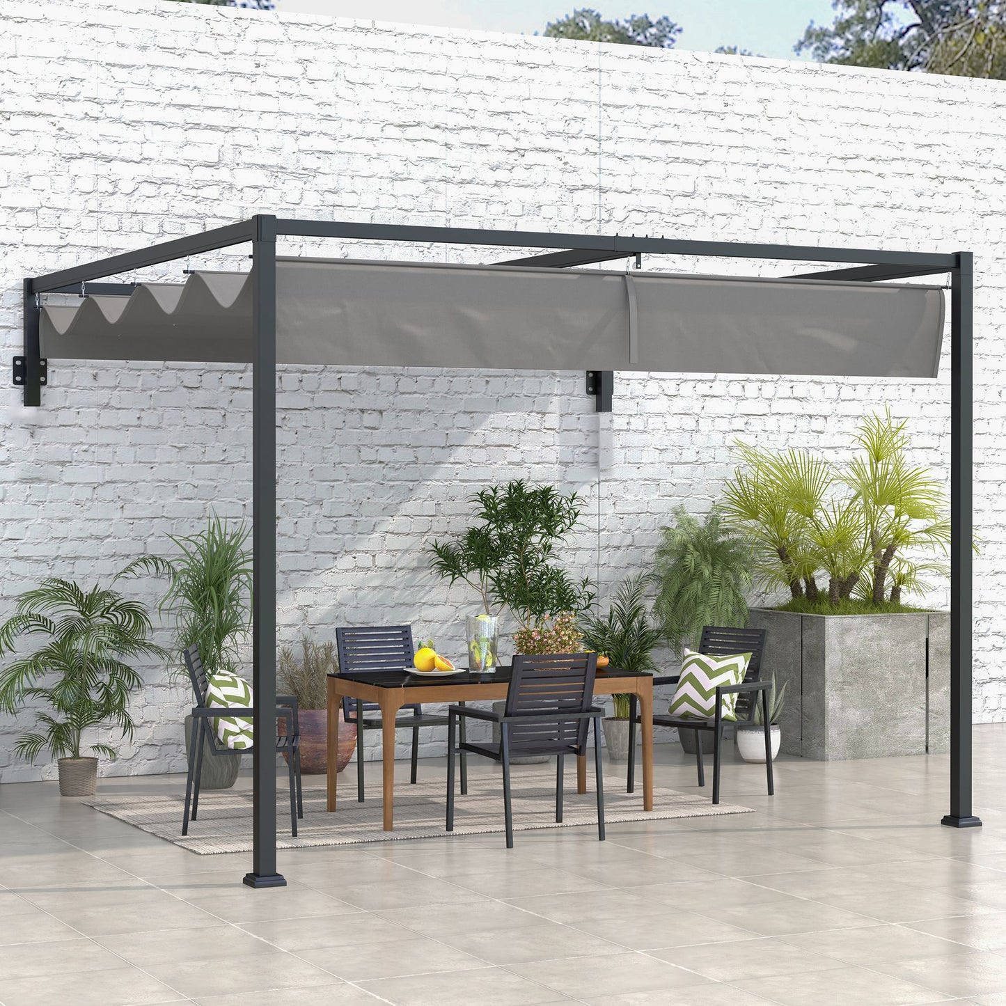 Outsunny 3 x 4m Lean To Steel Pergola with Moving Fabric Canopy - Dark Grey