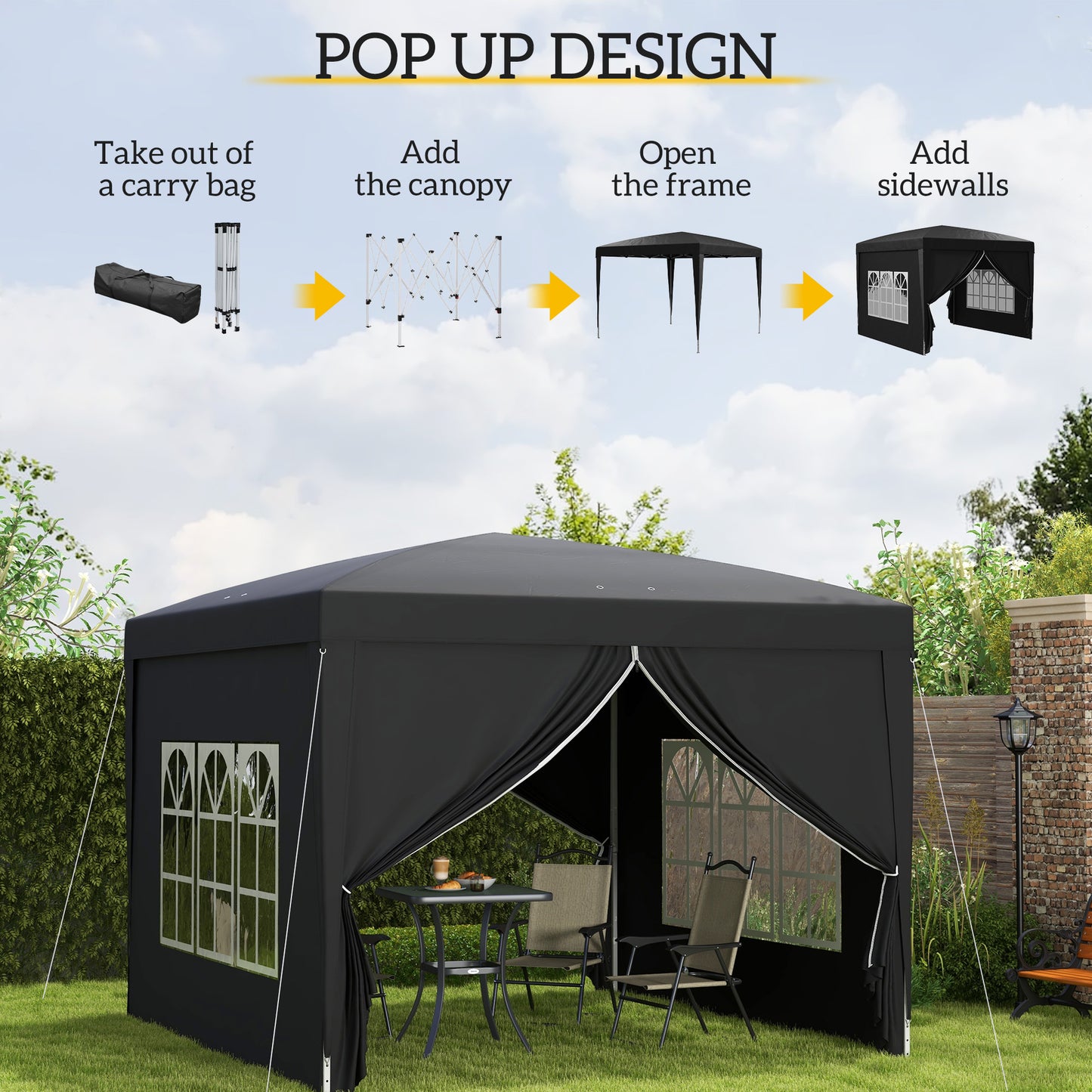 Outsunny 3x3(m) Pop-Up Gazebo, with Curtain Walls and Windows, Black