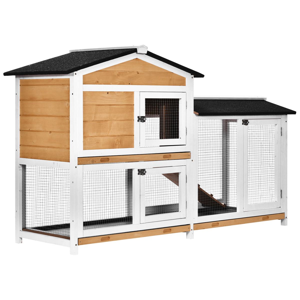 Photo of PawHut 2 Tier Rabbit Hutch with No-leak Plastic Trays Wooden Guinea Pig Hutch with Run, Yellow in Yellow colour on a white background