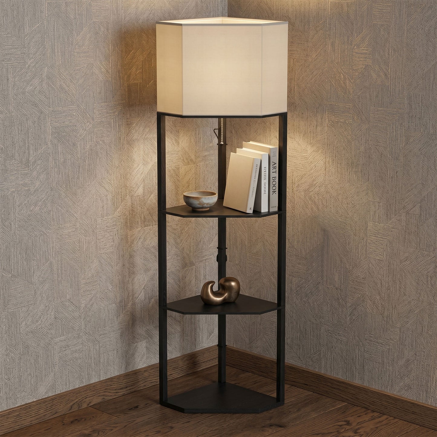 HOMCOM Corner Floor Lamp with Shelves and Lights, Modern Dimmable Standing Lamp with 3000K/4000K/6000K Colour Temperature