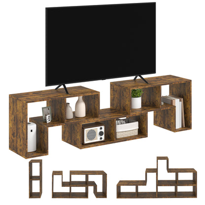 HOMCOM rustic brown modular TV stand with open cubbies, shown in alternate layouts.
