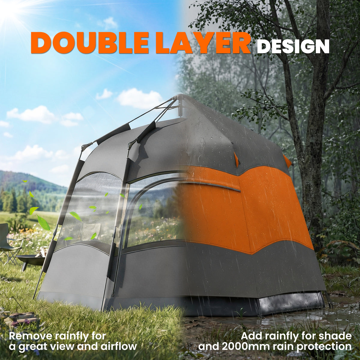 Outsunny 3 Man Instant Pop Up Tent with Rainfly, Portable Camping Shelter with Sewn-in Groundsheet, Carry Bag, Orange