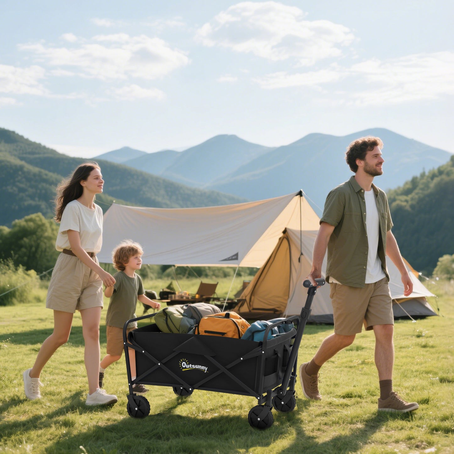 Outsunny 93L Festival Trolley on Wheels, Garden Folding Trolley Cart, 120kg Heavy Duty Collapsible Folding Wagon with Adjustable Handle and Carrying Bag for Beach, Camping, Festival, Black