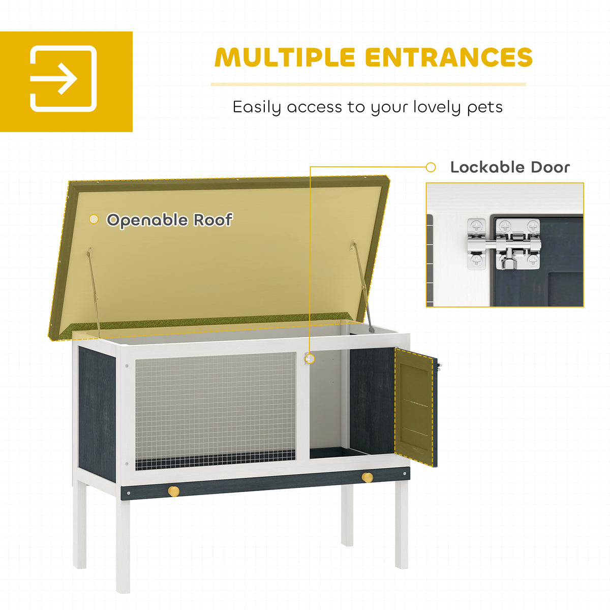 PawHut rabbit hutch with openable roof, open side door and lockable latch