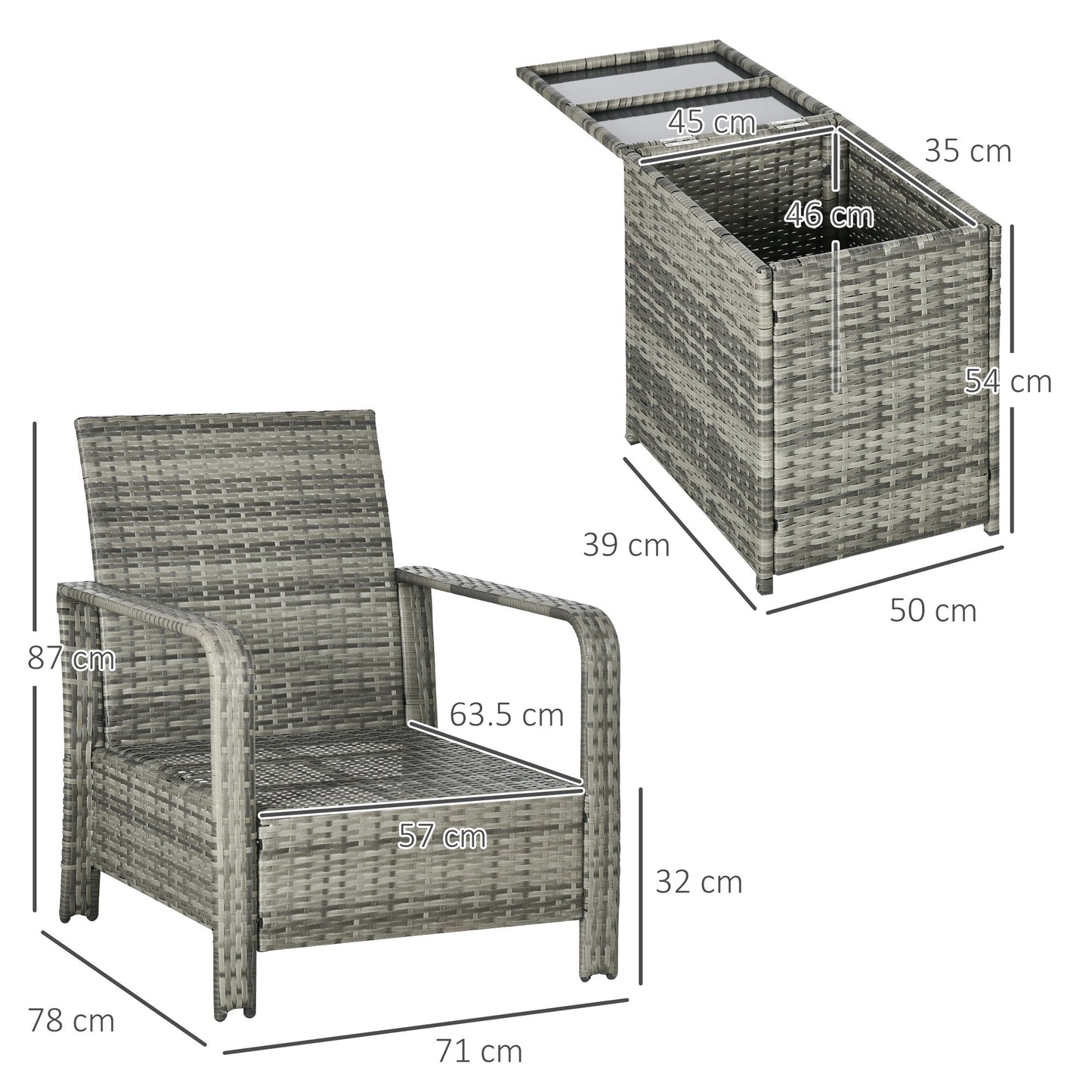 Outsunny 3 Pieces Rattan Bistro Set, Wicker Garden Furniture Set with 72 L Storage Coffee Table and Chairs, Orange