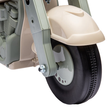 AIYAPLAY ride-on motorcycle close-up of thick front tire, wheel hub and cream fender