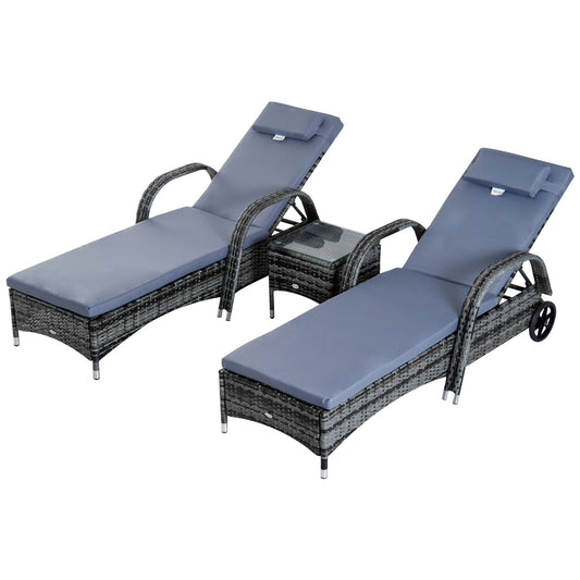 Photo of Outsunny 3 Pieces Rattan Sun Loungers, Garden Wicker Wheeling Recliner , PE Rattan Lounge Chairs w/ Cushions & Side Coffee Table Grey in Grey colour on a white background