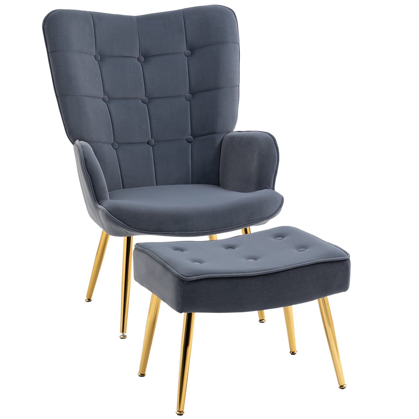 Photo of HOMCOM Modern Armchair with Footstool, Upholstered Accent Chair with Ottoman, Steel Legs, Velvet Wingback Chair for Living Room, Bedroom, Home Study, Dark Grey in Grey colour on a white background