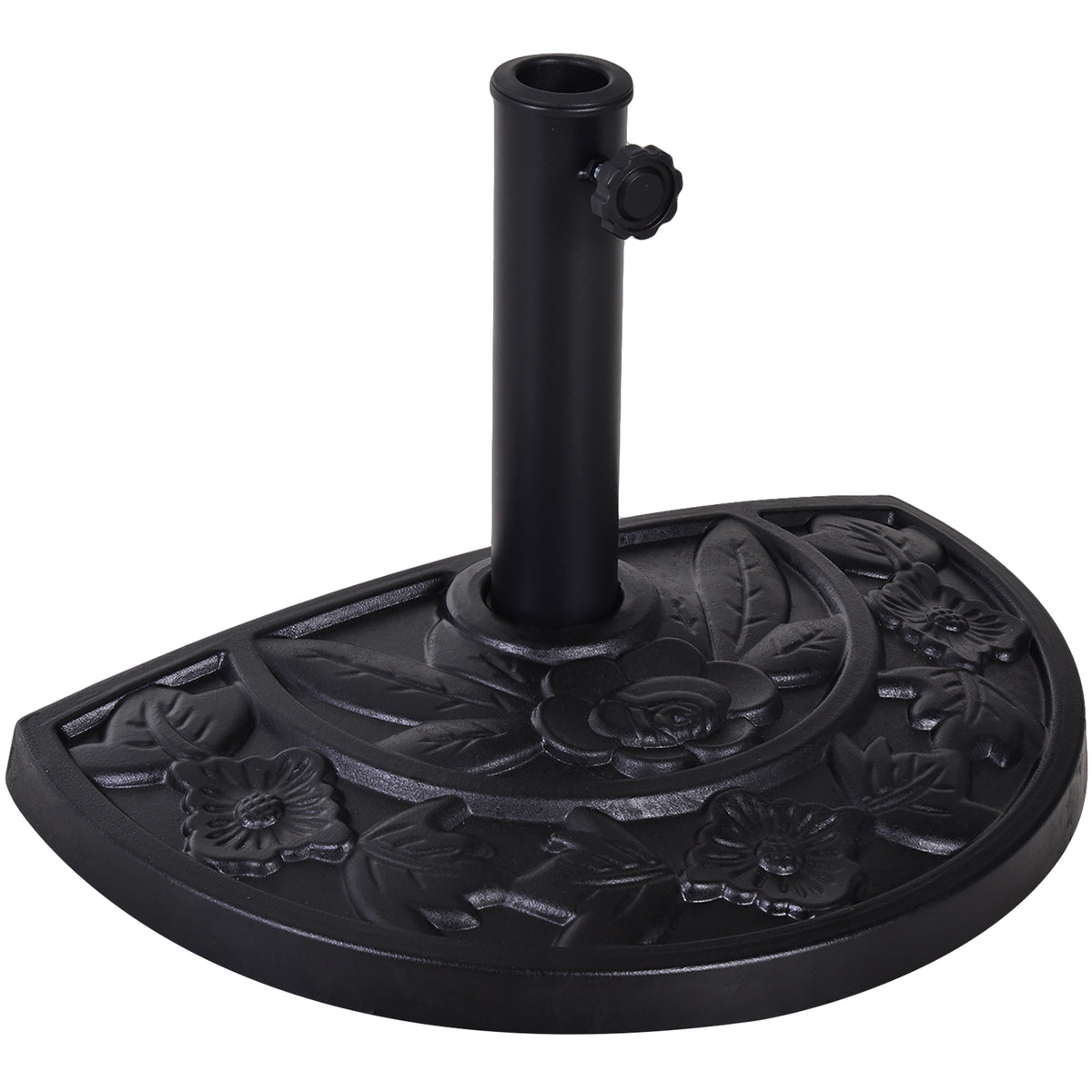 Black half-round resin parasol base with raised floral design and adjustable pole holder