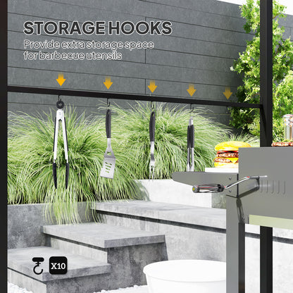 Outsunny BBQ gazebo frame with hooks holding barbecue utensils