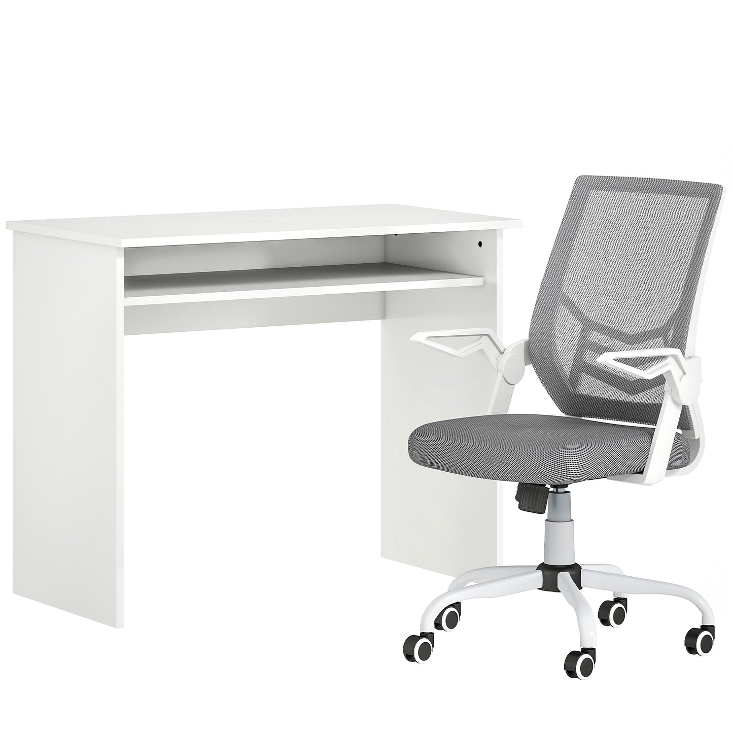 Photo of HOMCOM Home Office Furniture Set, Modern Computer Desk with Storage Shelf and Ergonomic Mesh Chair with Flip-Up Arms, Lumbar Support, Adjustable Height, Swivel Wheels, White and Grey in Grey colour on a white background