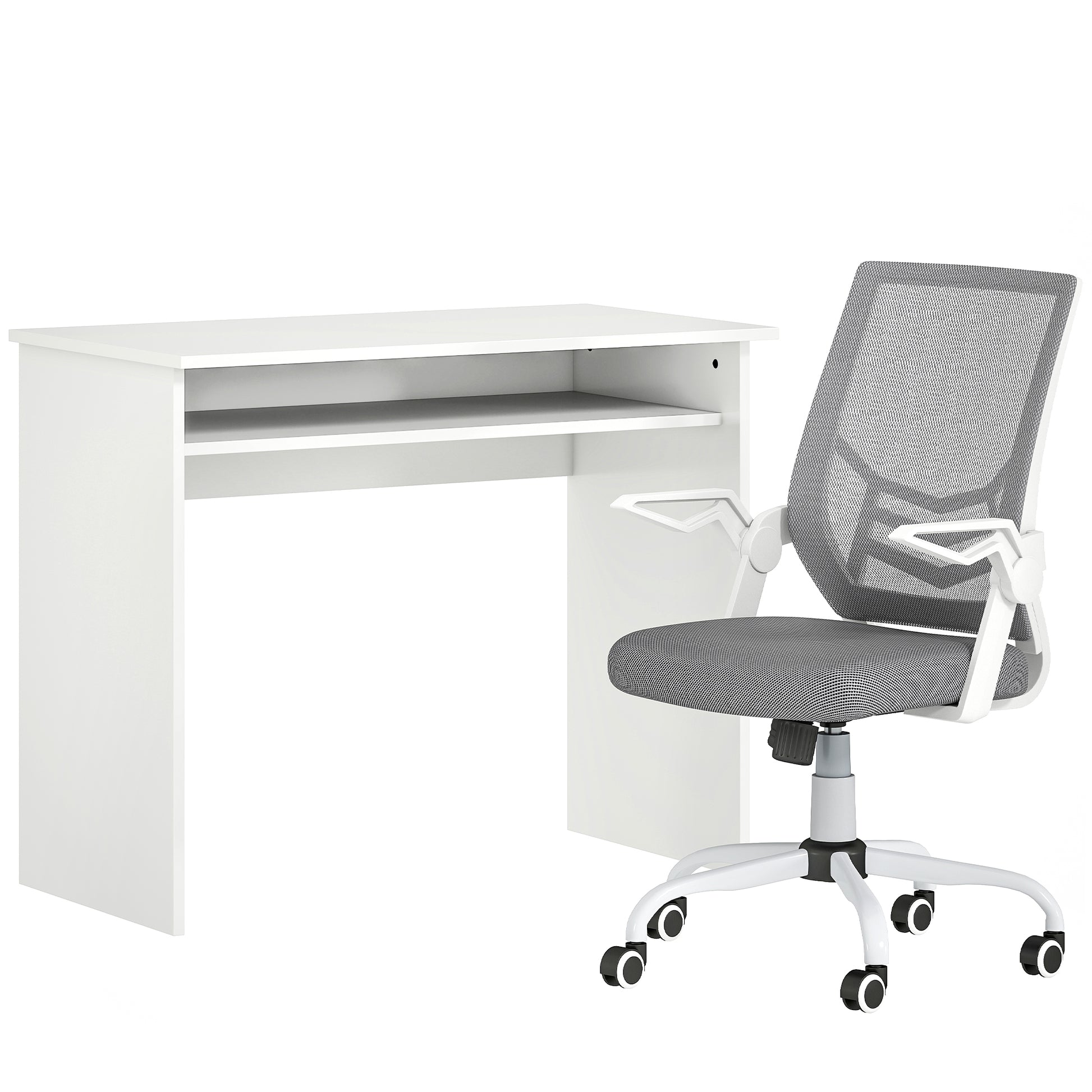 Photo of HOMCOM Home Office Furniture Set, Modern Computer Desk with Storage Shelf and Ergonomic Mesh Chair with Flip-Up Arms, Lumbar Support, Adjustable Height, Swivel Wheels, White and Grey in Grey colour on a white background
