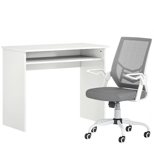 Photo of HOMCOM Home Office Furniture Set, Modern Computer Desk with Storage Shelf and Ergonomic Mesh Chair with Flip-Up Arms, Lumbar Support, Adjustable Height, Swivel Wheels, White and Grey in Grey colour on a white background