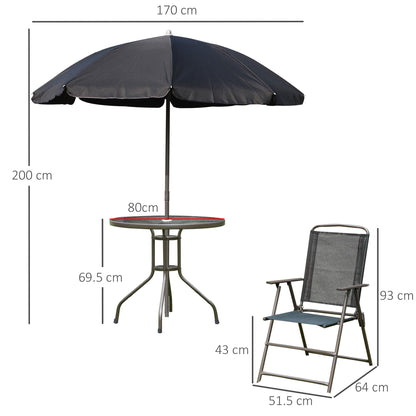 Outsunny black garden dining set with umbrella, table and folding chair, shown with dimensions