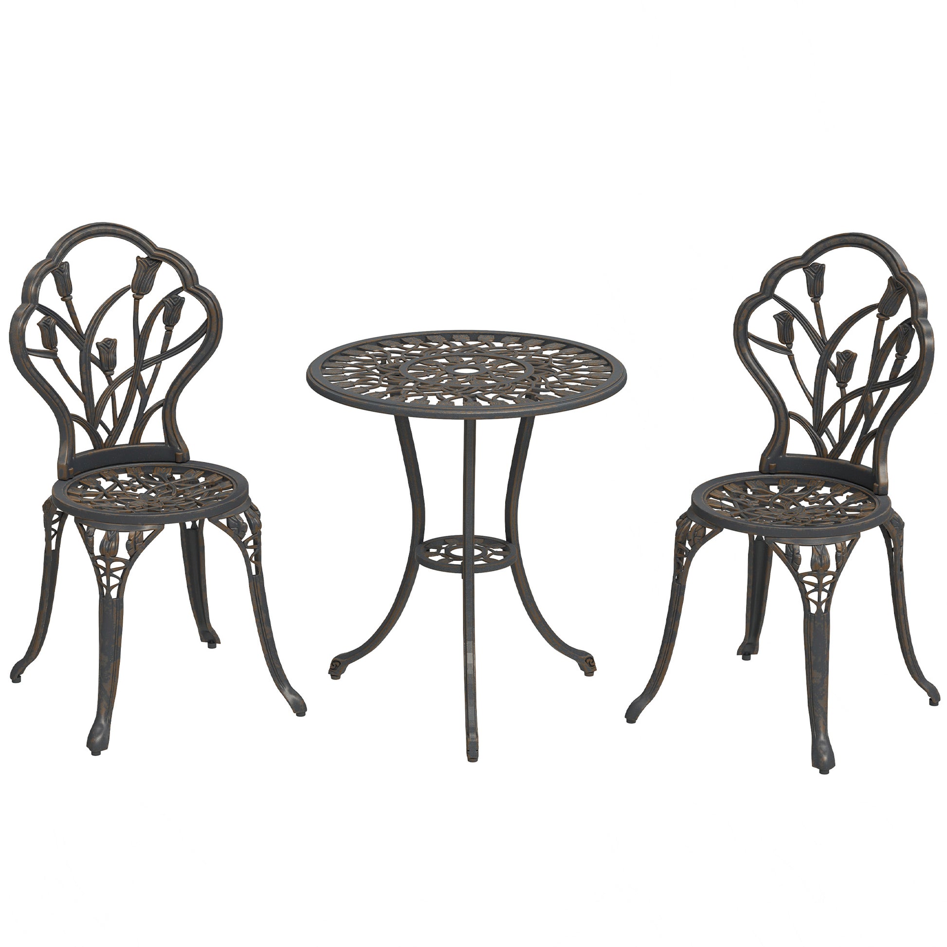 Photo of Outsunny 3 Piece Patio Bistro Set for 2, Outdoor Aluminium Garden Table and Chairs with Umbrella Hole for Balcony, Bronze Tone in Tone colour on a white background