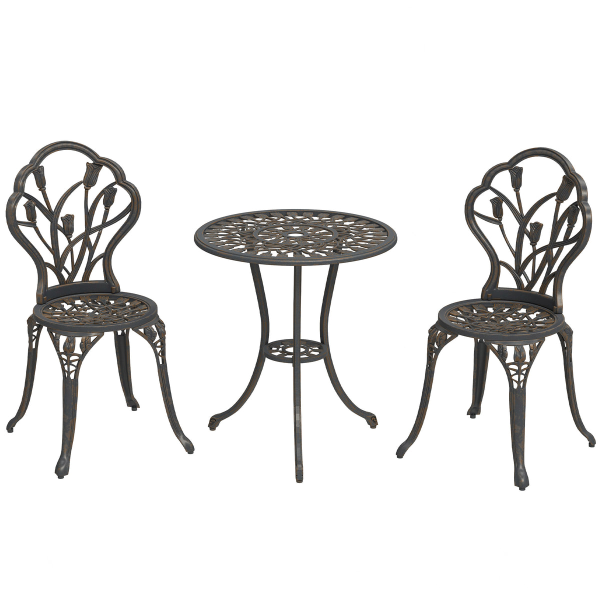 Photo of Outsunny 3 Piece Patio Bistro Set for 2, Outdoor Aluminium Garden Table and Chairs with Umbrella Hole for Balcony, Bronze Tone in Tone colour on a white background