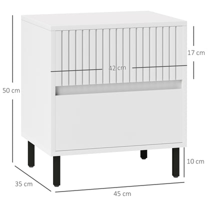 White HOMCOM bedside table with two drawers, black legs, and dimensions of 45 by 35 by 50 cm
