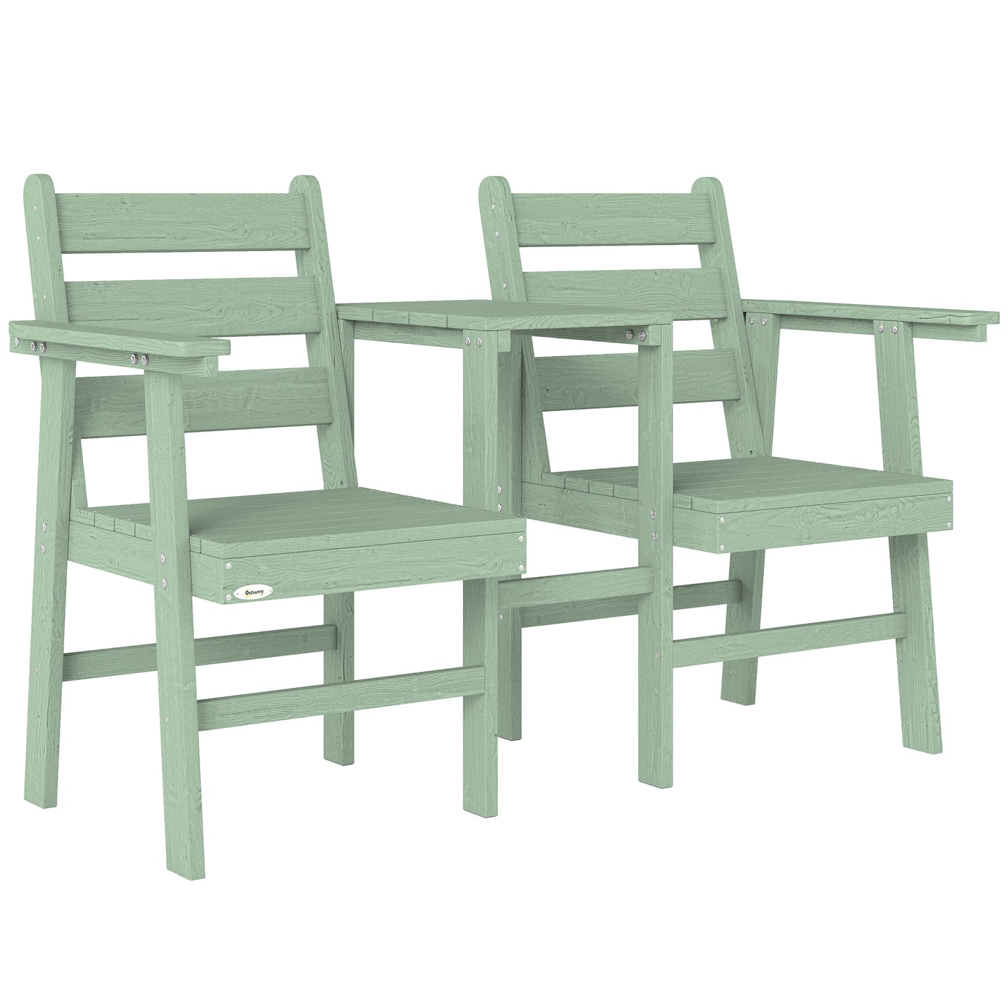 Photo of Outsunny Outdoor Garden Loveseat, Embossed Wooden Jack and Jill Garden Seat with Integrated Table, Green in Green colour on a white background