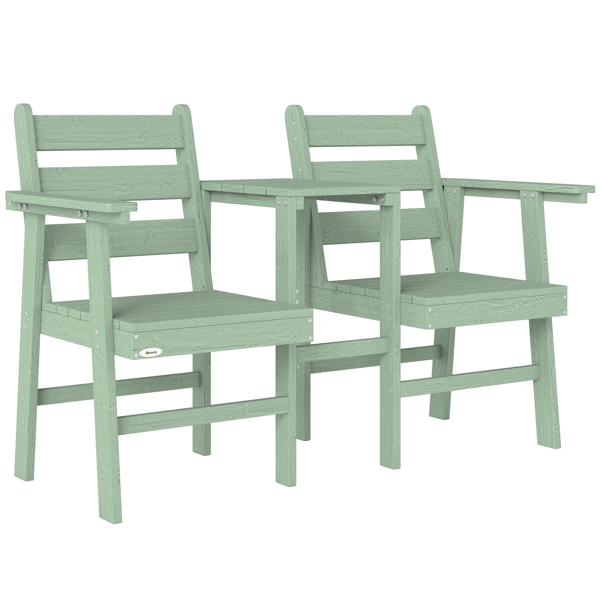 Photo of Outsunny Outdoor Garden Loveseat, Embossed Wooden Jack and Jill Garden Seat with Integrated Table, Green in Green colour on a white background