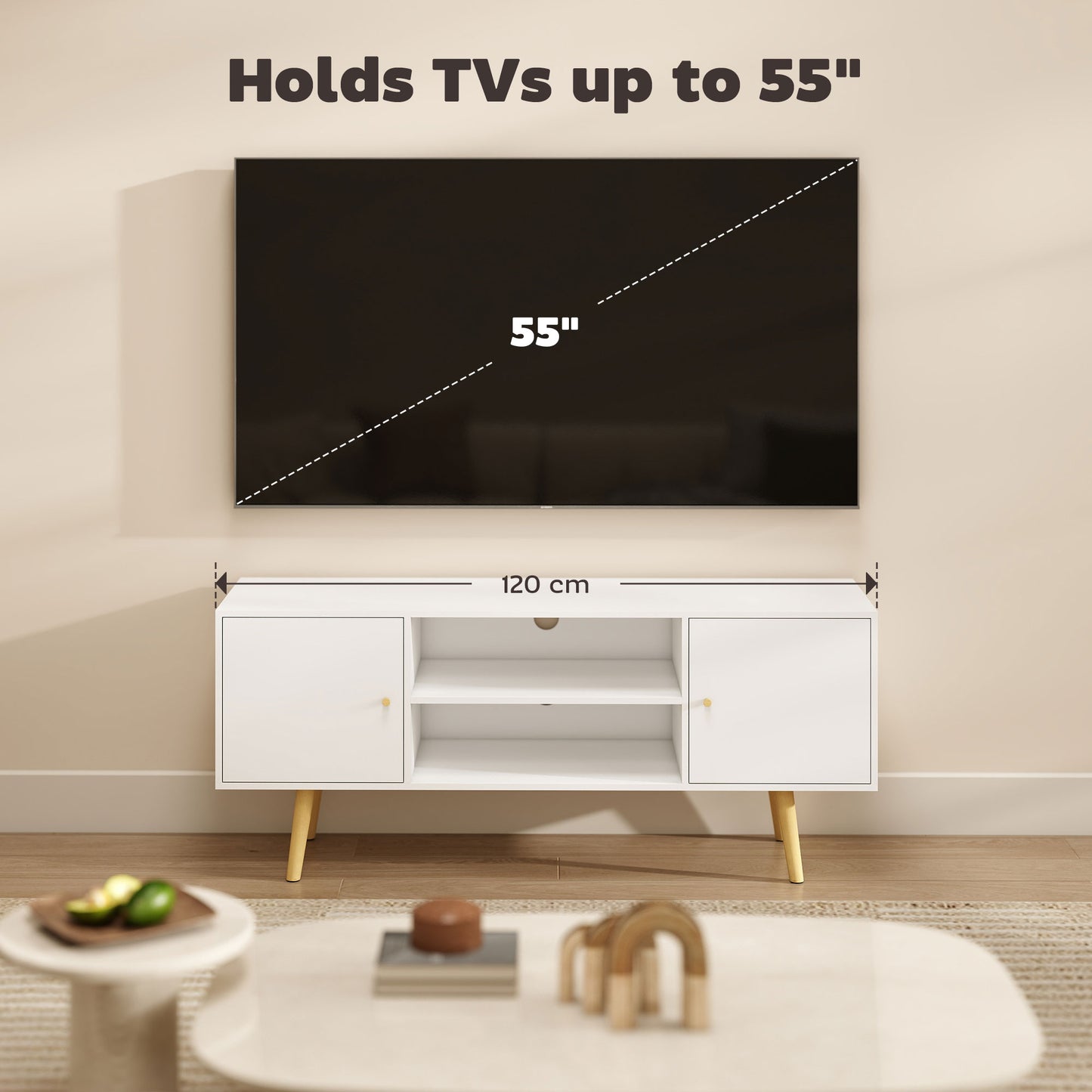 HOMCOM TV Stand Cabinet up to 55 Inches, TV Unit with Storage Shelves and Wood Legs for Living Room, Bedroom, White