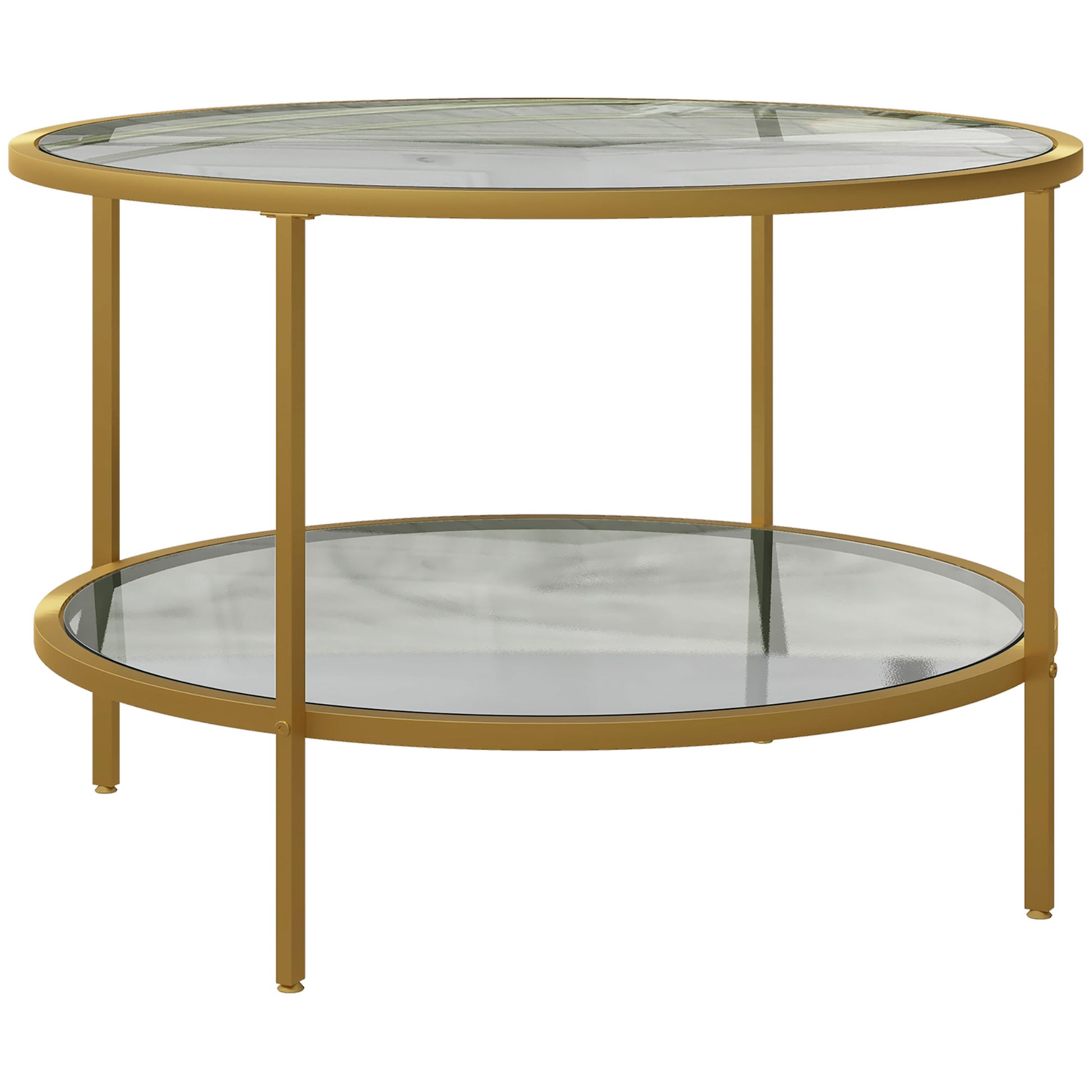 Photo of HOMCOM Round Coffee Table with Storage, 2-Tier Tempered Glass Coffee Table with Steel Frame for Living Room, Gold Tone in Tone colour on a white background