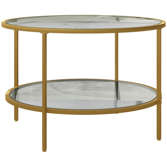 Photo of HOMCOM Round Coffee Table with Storage, 2-Tier Tempered Glass Coffee Table with Steel Frame for Living Room, Gold Tone in Tone colour on a white background