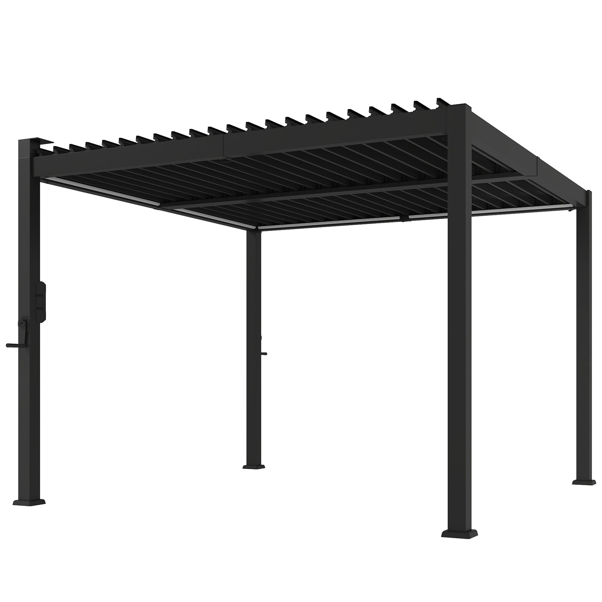 Photo of Outsunny 3 x 3 m Louvered Pergola with Solar LED lights, Metal Roof, Patio Gazebo Pergola Canopy with Drainage Gutters, Black in Black colour on a white background