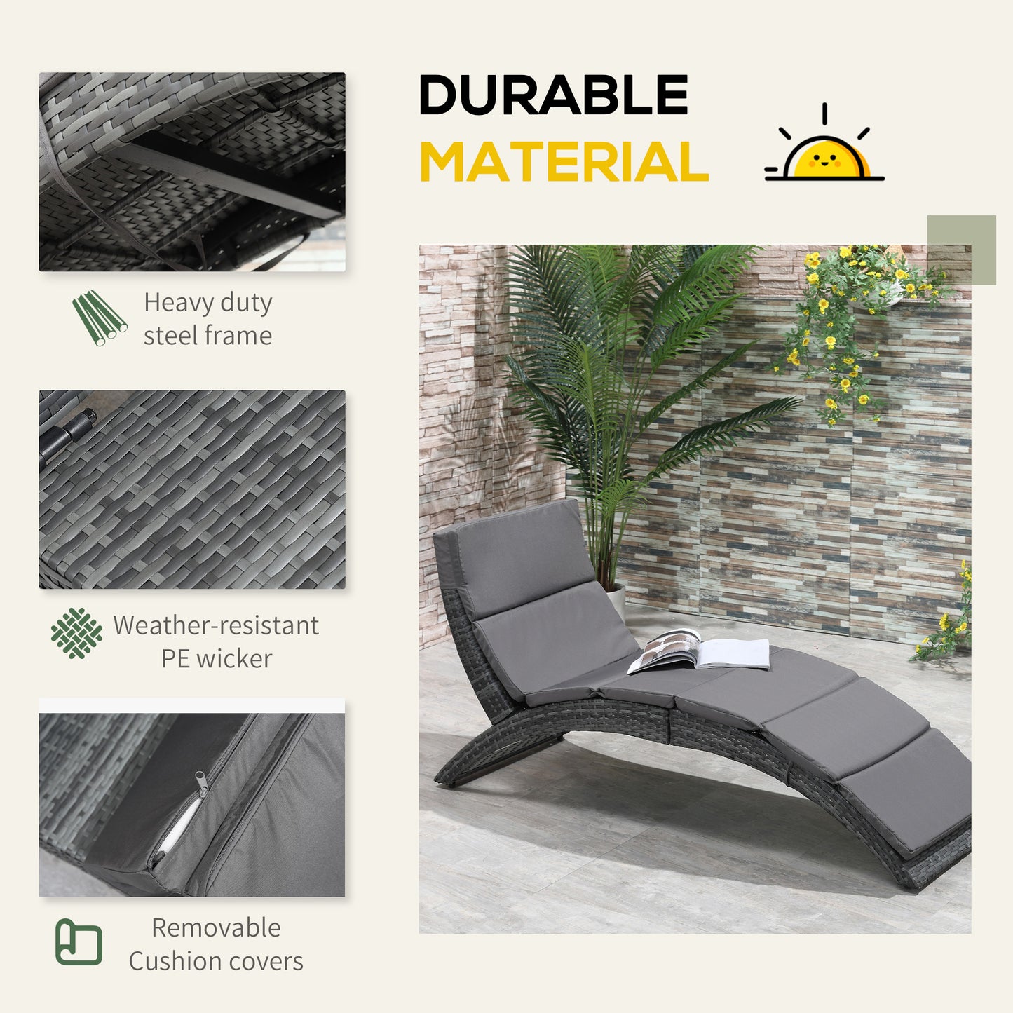 Outsunny Folding Sun Lounger, PE Rattan Garden Lounger Chair with Soft Padded Cushion, Ergonomic Curved Design Sun Bed for Balcony, Garden, Grey