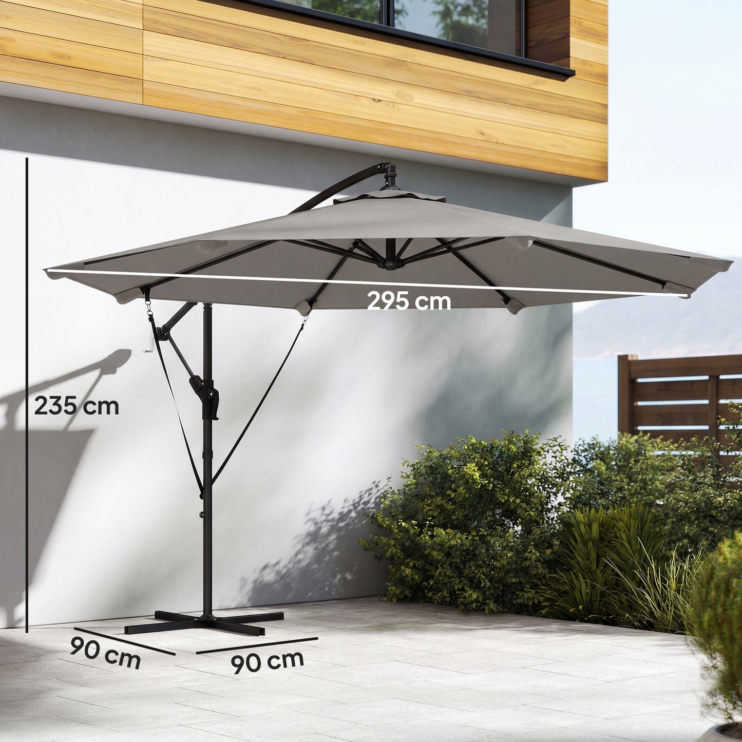 Outsunny 3 m Cantilever Parasol with Protective Cover and Wind Ropes, Banana Parasol with Crank Handle, Light Grey