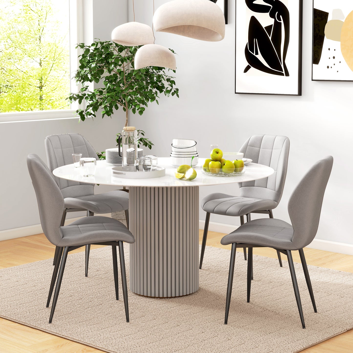 HOMCOM Set of Four Flannel Relaxed Tub Dining Chairs - Light Grey