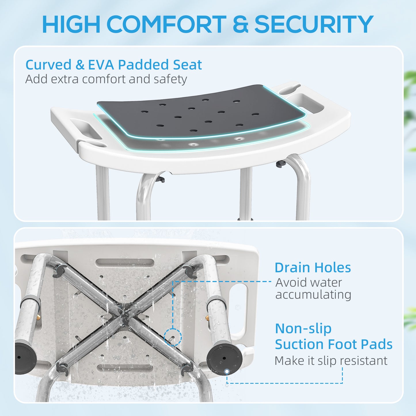 HOMCOM Shower Chair, Adjustable Height Shower Stool with Aluminium Frame and Non-Slip Feet, Bathtub Stool Seat with Padded Seat for Elderly Disabled Handicap, Grey